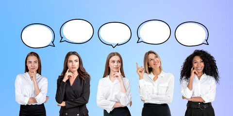 Five women thinking with speech bubbles above their heads on gra