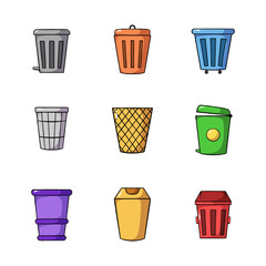 Trash Can Cartoon Icons Collection. Hand drawn style with outline. isolated illustration