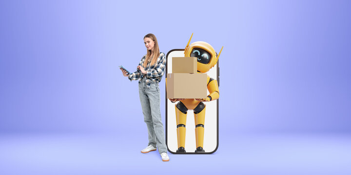 Woman using tablet, mockup phone screen with robot and parcels, ai logistics - Powered by Adobe