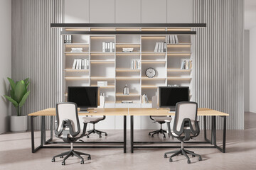 Cozy business interior with coworking space and shelf with folders