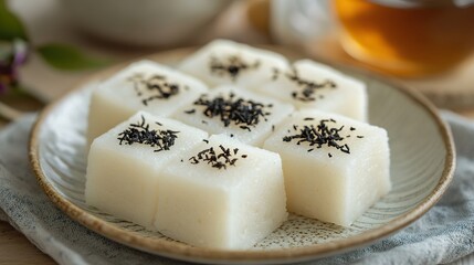 white square rice cakes with sprinkled black tea leaves on top