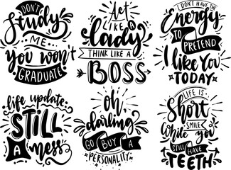 Fototapeta premium Simple Sassy Calligraphic Lettering, Typographic Emblems Bundle Vector Illustration for Gift Card, Label, Social Media Post