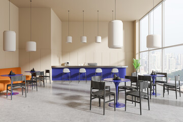 Stylish cafe interior with dining tables and bar island, panoramic window