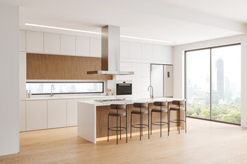 Modern kitchen interior with city view through large window. 3D Rendering