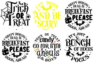Vibrant Halloween Round Signs Hand Lettering, Typographic Emblems Collection Vector Illustration for Social Media Post, Label, Printing Press