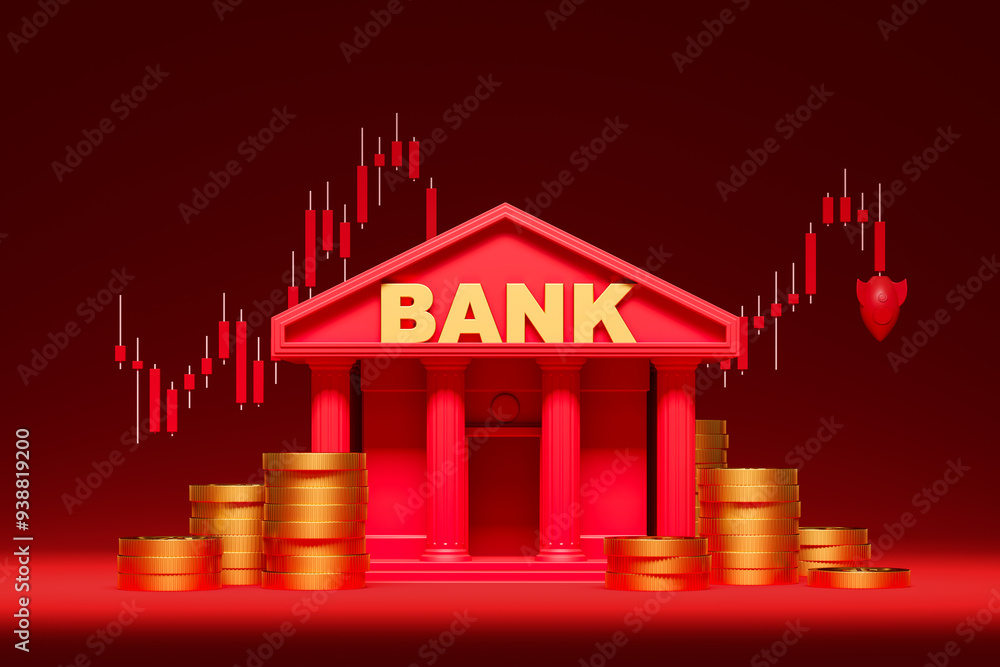 Poster 3d render of a bank building with coins and stock market graph in the background. 3d rendering