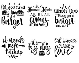 Decorative Burger Phrases, Calligraphic Lettering Set Vector Illustration for Motion Graphics, Sticker, Wrapping Paper