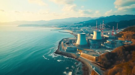 Aerial view of nuclear power plant scene, Camera slow motion with different angles	