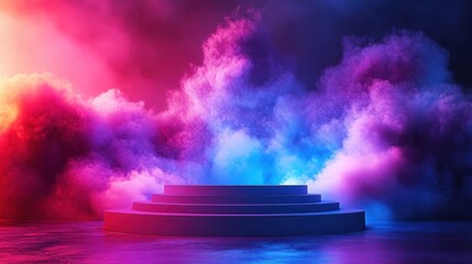 Abstract Neon Smoke Background with Round Pedestal