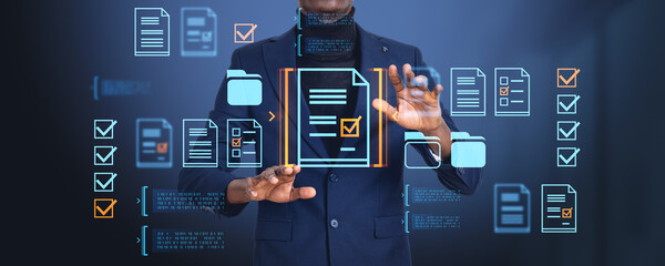 African man hands touch document management system hologram with files
