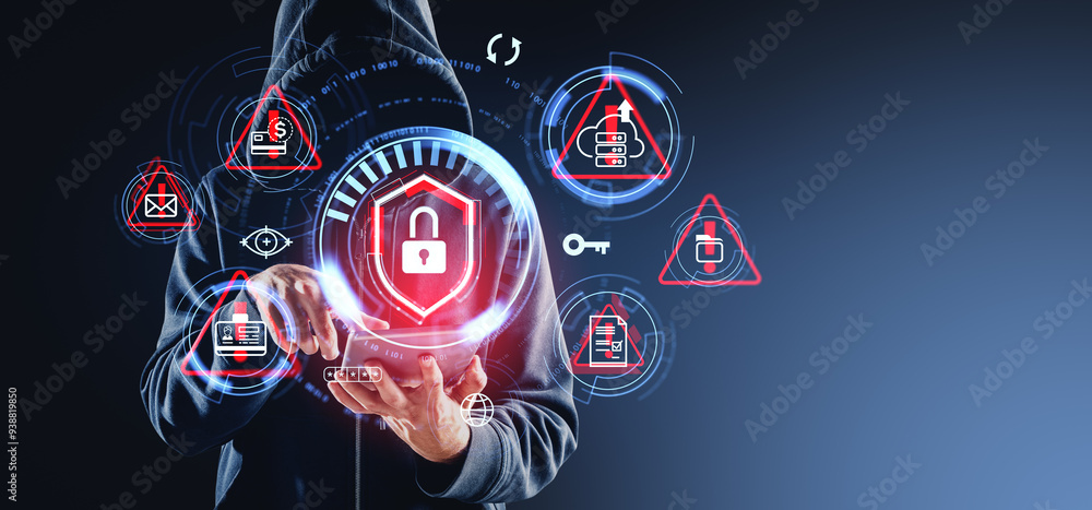 Poster cybersecurity concept with digital lock icons and hacker on dark