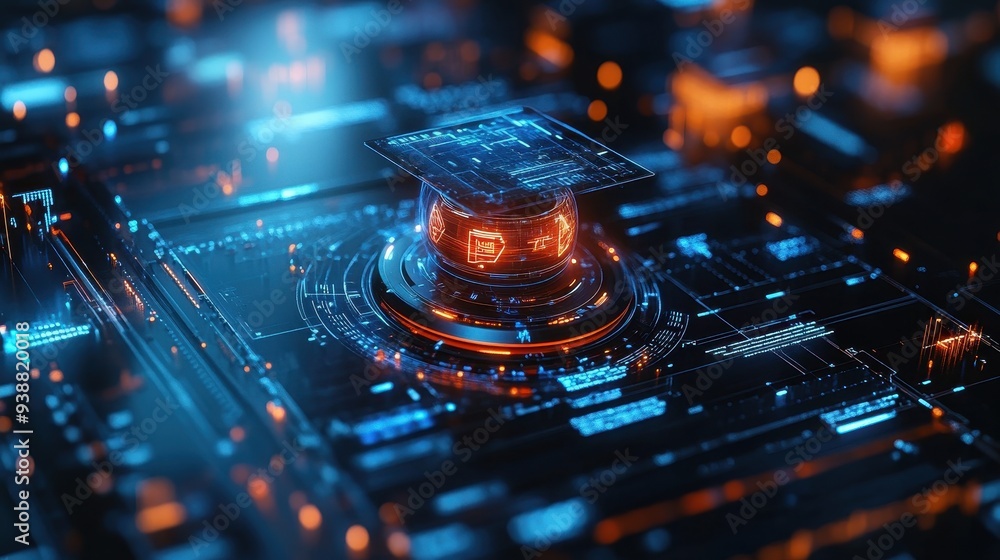 Poster futuristic digital interface with glowing lines and holographic display