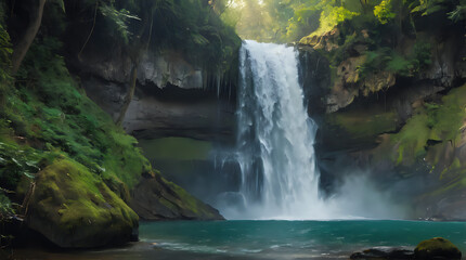 Obraz premium a waterfall in the middle of a forest with a blue pool