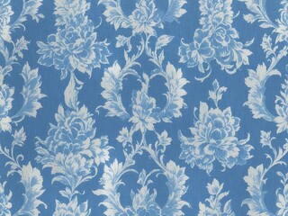 blue background and white floral designs.