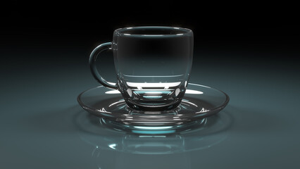 Close-up of realistic glass cup and saucer. 3d illustration on dark background