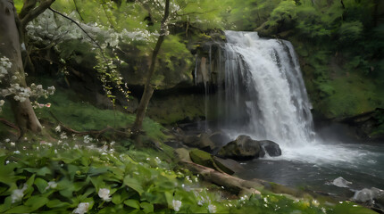 Fototapeta premium a waterfall in the middle of a forest with white flowers