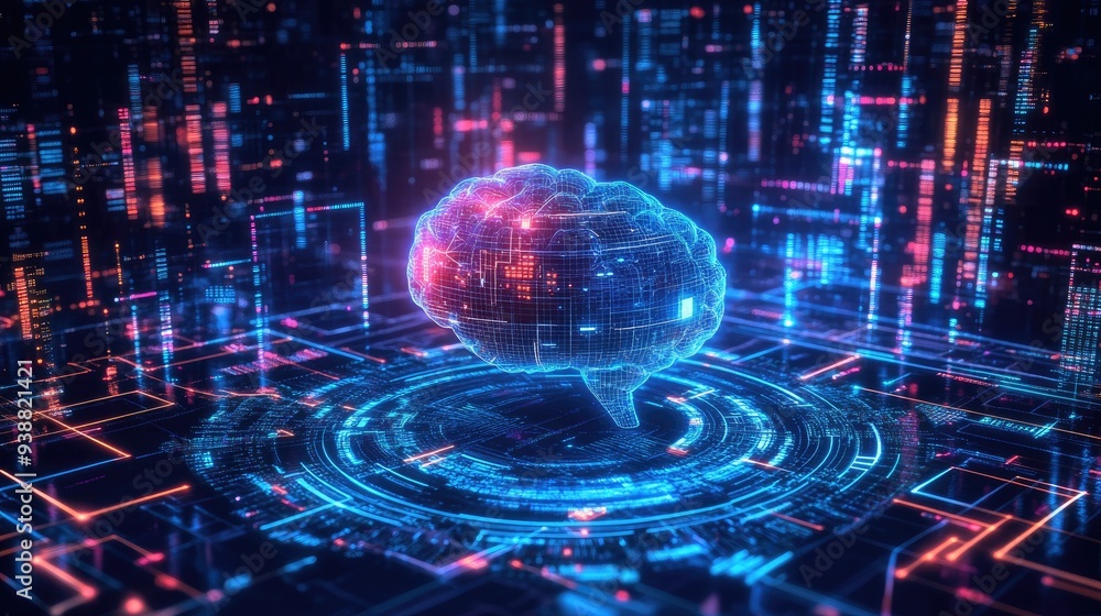 Poster a digital brain floats above a futuristic circuit board. this image is perfect for illustrating conc