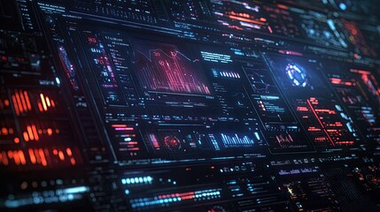 A futuristic digital interface with glowing red and blue elements. Perfect for adding a modern and technological feel to your design project.