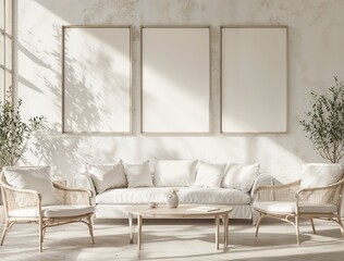 Minimalist White Living Room with Large Window and Wall Art Mockup | Simple  White Sofa and Chair | Living Room Interior with Sofa and Chair