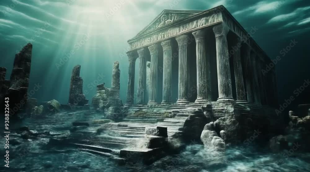 Wall mural scene of temple site submerged in the sea, camera slow motion with different angles