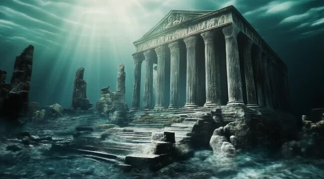 Scene of temple site submerged in the sea, Camera slow motion with different angles