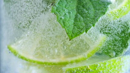Fizzing of sparkling water with lime and mint falling into glass. Sense of cool refreshment ideal for hot day thirst-quenching during summer