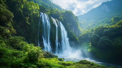 Fototapeta premium Serene waterfall cascading into a clear pond creating a peaceful and natural wallpaper theme