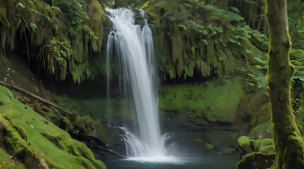 a waterfall in the middle of a forest with moss