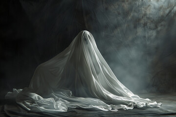 Naklejka premium Blanket Ghost Appearing from the Afterlife in White Sheet for Halloween Terror and Frightful Atmosphere