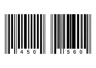 Black and white barcode icons, isolated on a white background. barcodes contain the same number of bars but different alphanumeric strings, signifying different product codes.