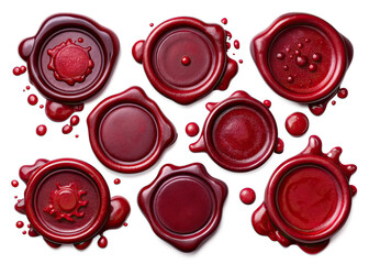 A collection of eight red wax seals, each with a unique design, are displayed on a white background. Some seals are round, while others have a more irregular shape. All are melted and dripped.