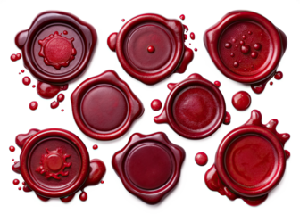 A collection of eight red wax seals, each with a unique design, are displayed on a white background. Some seals are round, while others have a more irregular shape. All are melted and dripped.
