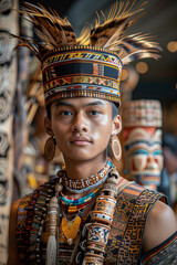 Young man in traditional attire with intricate headdress and beads, cultural heritage celebration in vibrant tribal setting.