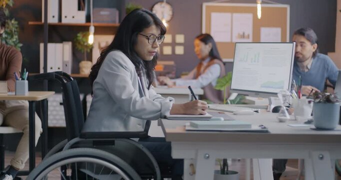 Slow motion portrait of disabled Middle Eastern businesswoman in wheelchair working in office with colleagues then looking at camera. Inclusive workplace and disability concept.