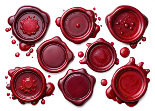 A collection of eight red wax seals, each with a unique design, are displayed on a white background. Some seals are round, while others have a more irregular shape. All are melted and dripped.
