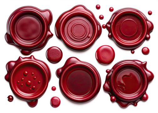 A collection of red wax seal stamps are arranged on a white surface. The wax is still wet and glossy, with some drips and splatters surrounding the larger seals.