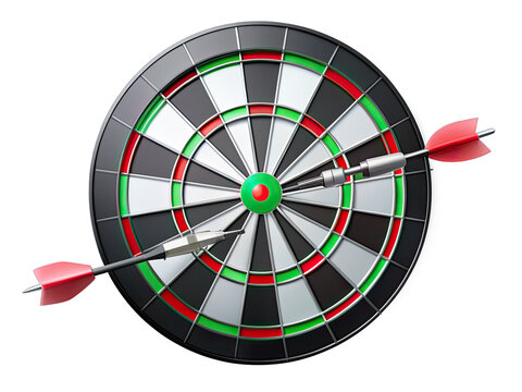 A black and white dartboard with red and green rings. Two red-feathered darts are sticking into the board. One dart is stuck in the center of the board, while the other is further out