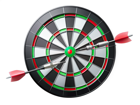 A black and white dartboard with red and green rings. Two red-feathered darts are sticking into the board. One dart is stuck in the center of the board, while the other is further out