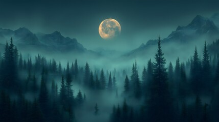 Full Moon Over a Misty Mountain Forest Dark Fantasy Sci-Fi Digital Art