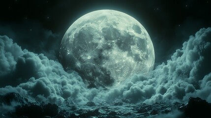 Mystic Moon Rising Through Dense Clouds in a Lunar Landscape Sci-Fi Fantasy Digital Art