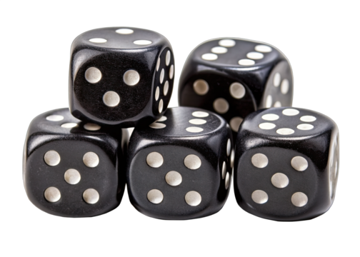 Five black dice with white dots are arranged in a cluster. They are positioned on a white background, creating a visually striking contrast. The dice appear to be made of a smooth, polished material.