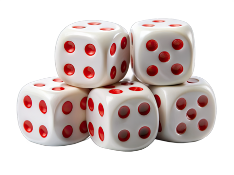 Five white dice, each with red dots, are arranged in a pyramid shape against a plain white background. The dice are sitting on a flat surface and casting subtle shadows