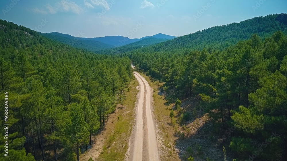 Poster a road winds through a forest with trees on both sides