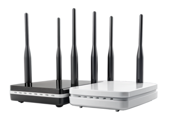 A close-up image of two wireless routers, one black and one white, both with four antennas, against a white background