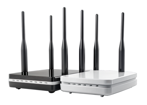 A close-up image of two wireless routers, one black and one white, both with four antennas, against a white background