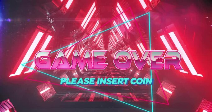 Game Over text animation with neon lights and Please Insert Coin message