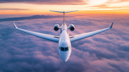 Private Jet Flying Above Clouds at Sunset