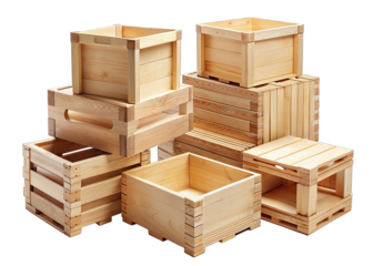 A group of six empty wooden cardboard boxes are arranged in a staggered formation on a white background. The boxes are made of natural, unfinished wood and vary in size and shape. The topmost box is t