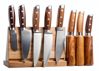 A set of eight kitchen knives with wooden handles are displayed on a magnetic wooden block against a black background. The knives are arranged in a row, and the block is situated in the center of the 