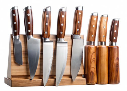 A set of eight kitchen knives with wooden handles are displayed on a magnetic wooden block against a black background. The knives are arranged in a row, and the block is situated in the center of the 